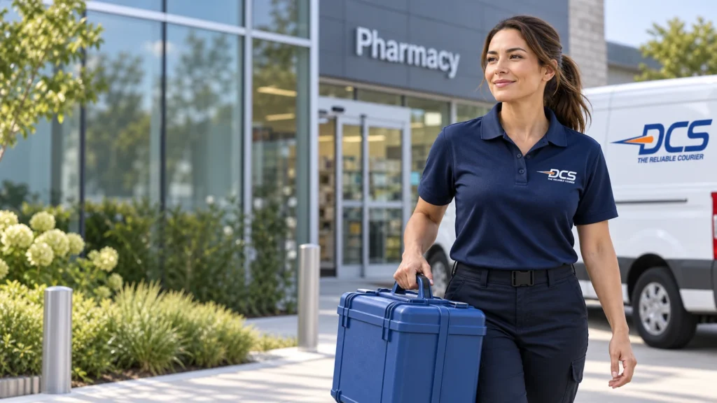 Illustrative DCS pharmacy courier carrying a closed transport case