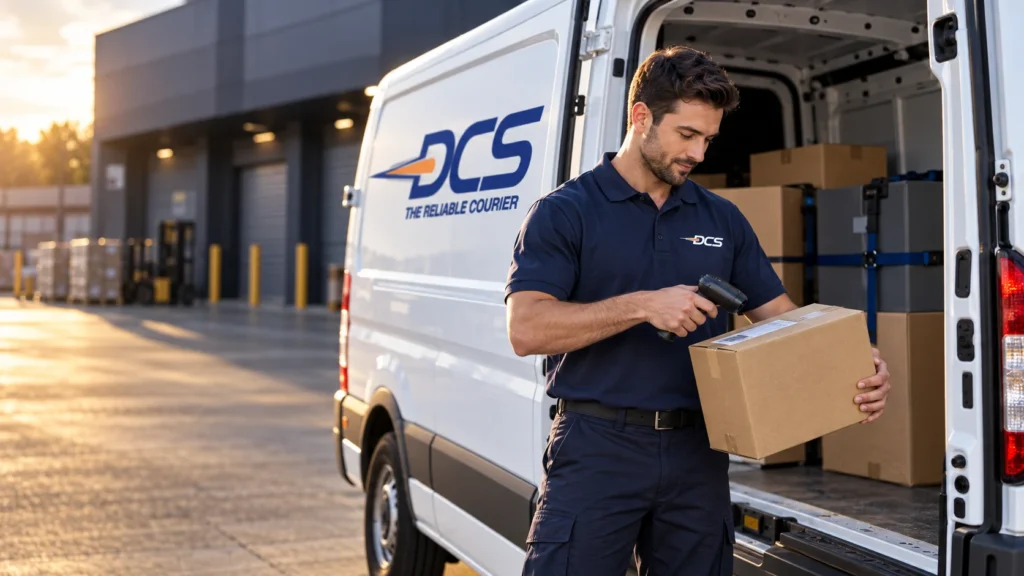 Illustrative DCS courier scanning a parcel at a branded van